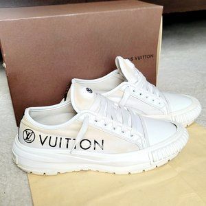 Authentic Louis Vuitton Logo White Calf Leather Trainer Sneakers